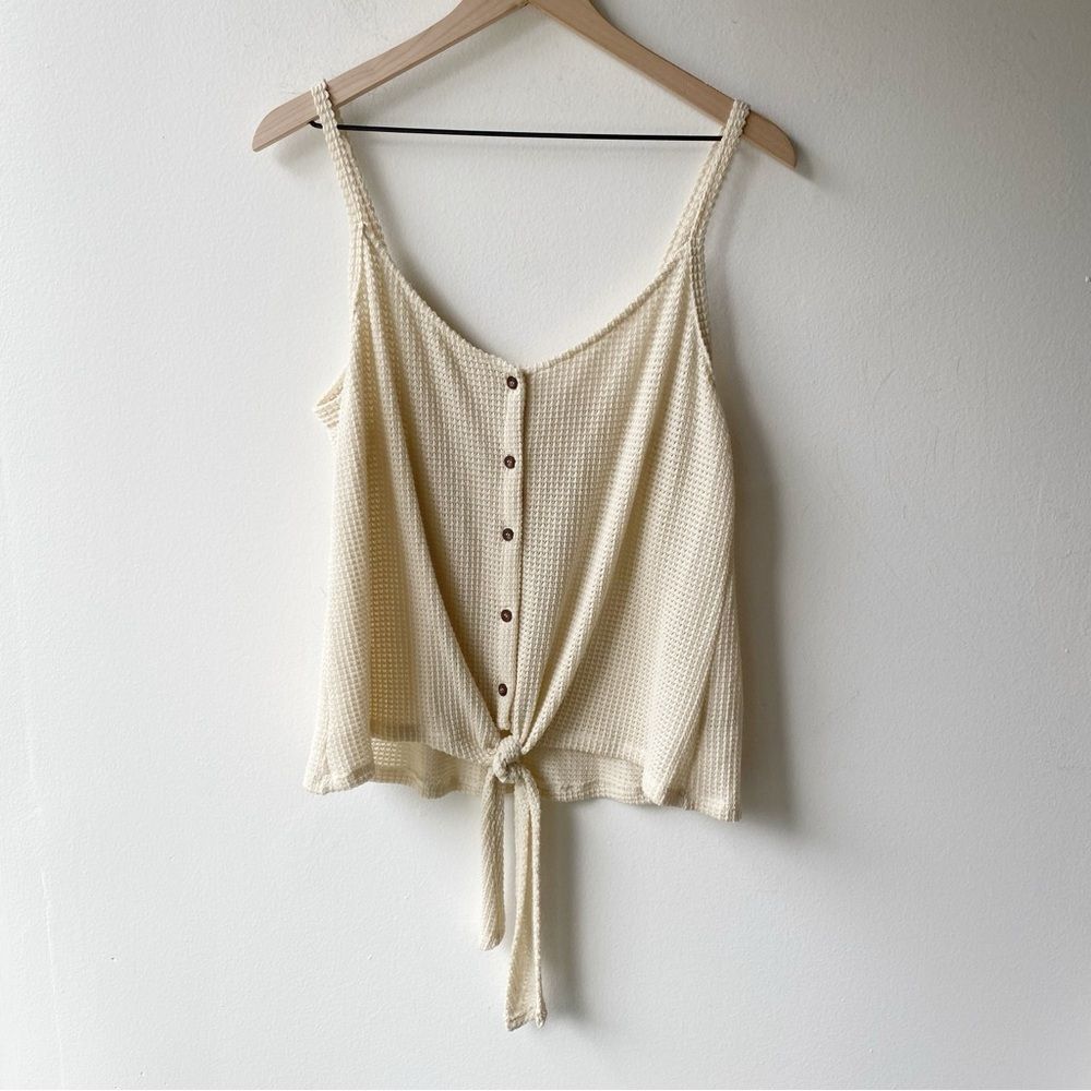 lush cream waffle knit tie front tank top size l large